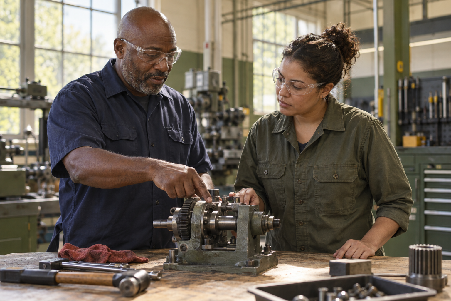 Illustrative image of an instructor and adult trainee discussing a mechanical assembly at a workshop bench